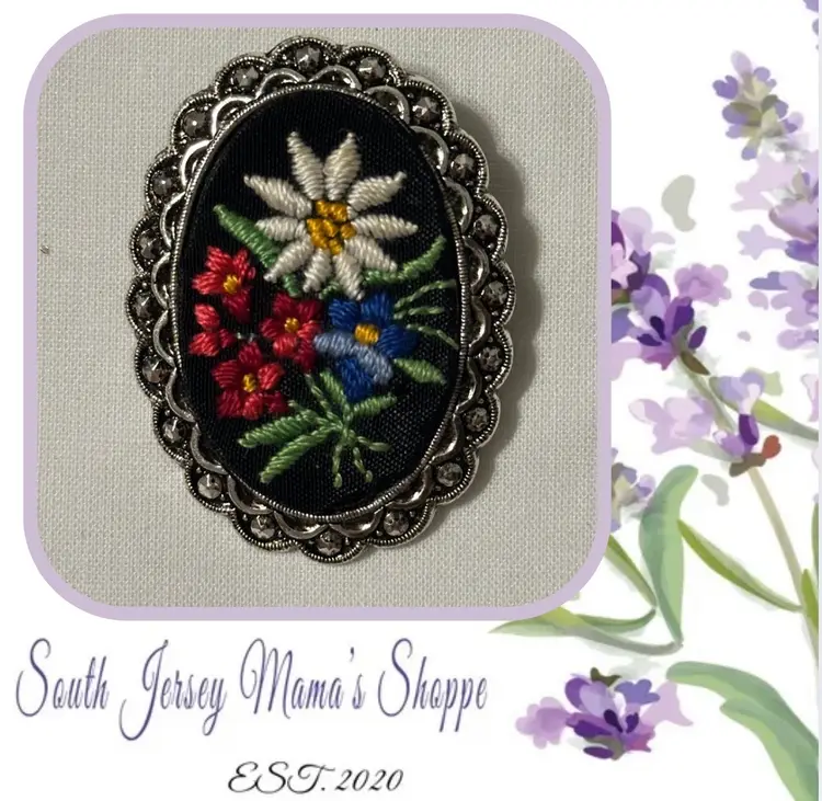 Vintage Silver Tone Black With Red White Blue Embroidered Flower Brooch