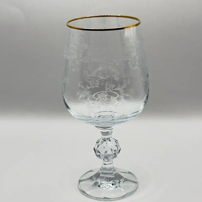 Vintage Bohemia Queen’s Lace Crystal Etched Wine Water Goblet Gold Rim, Elegant Barware, By Bohemia Crystal, Made in Czech Republic