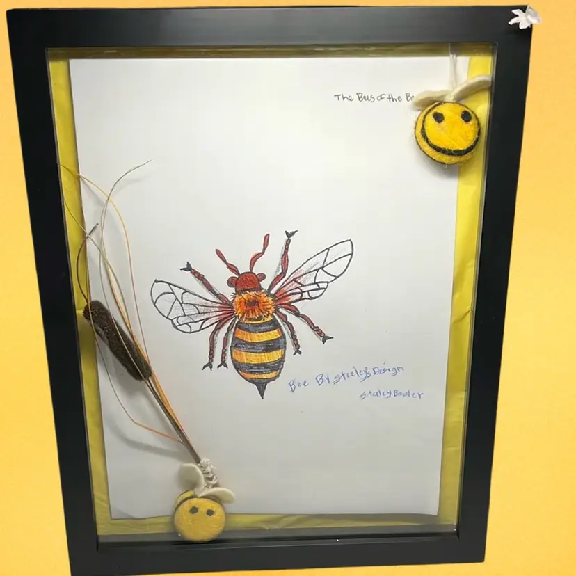 Free Hand Realistic Drawing Of A Bee 🐝 - Surrounded By 2 Felt Bees And An Artificial Cattail.