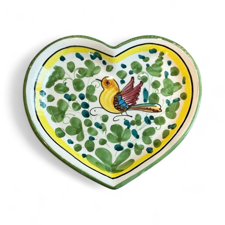 Hand Painted Ceramiche Sambuco Mario Deruta Italy Green Heart Shape Bird Dish