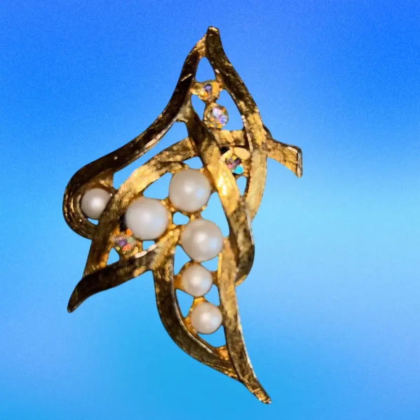 #12 - Vintage  Textured Gold Tone Brooch With Faux Pearls With Blue Rhinestones2 1/8 x 1.5 W