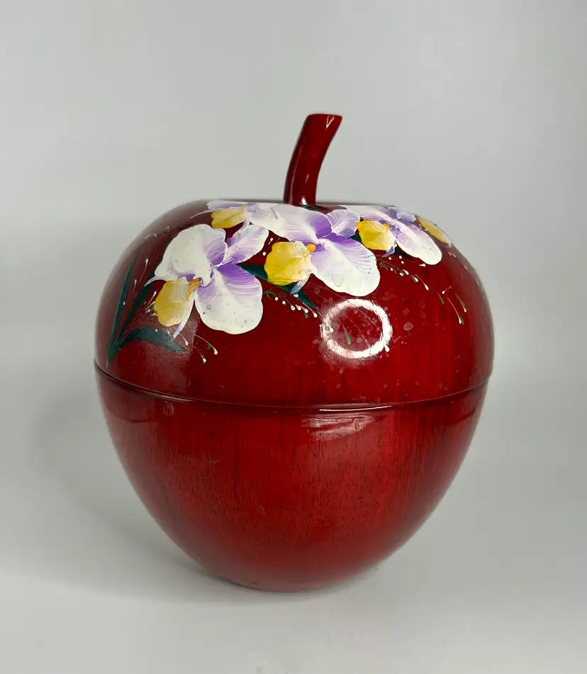 Vintage RED Laquered Wood Apple Shaped Box Hand Painted