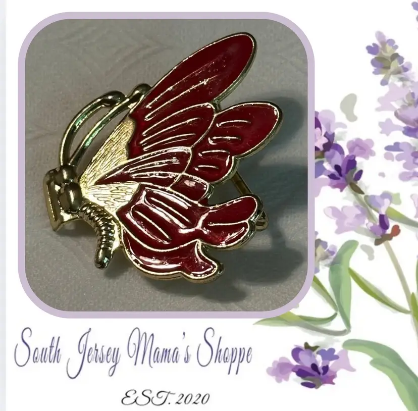 Vintage Gold Tone Red Enamel Butterfly Belt Buckle