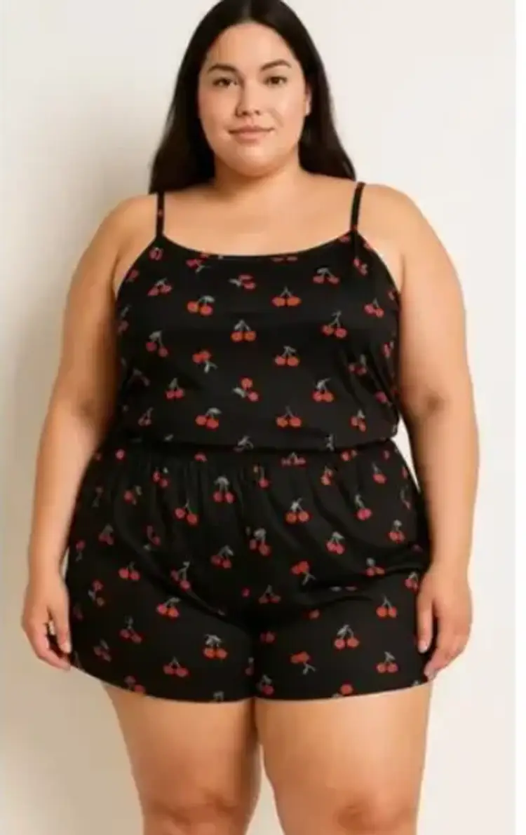 Y2K Cherry Print Pajama Set Black Sleepwear Cami Top & Shorts Women’s 2XL