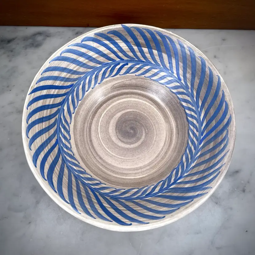 California Cleminsons Caltempo Pottery MCM Vintage Ceramic Serving Bowl Blue Feather 9"