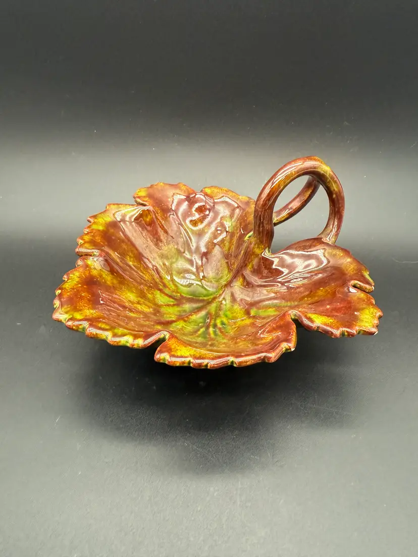 Vintage Handmade Glazed Ceramic Leaf Dish signed Evelyn