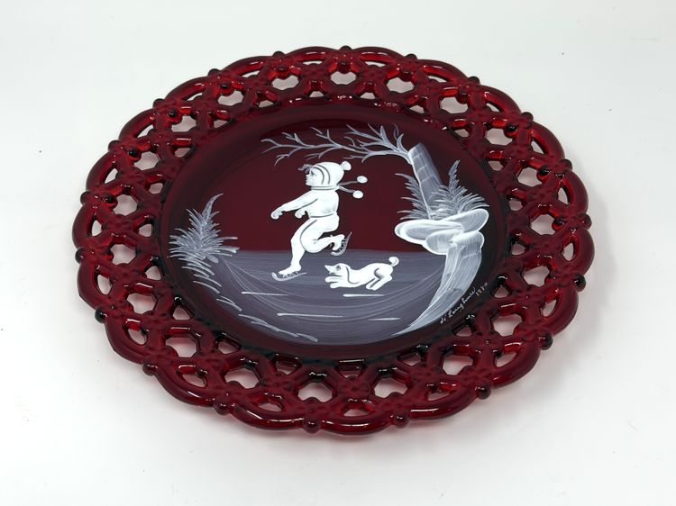 Ruby Red Westmoreland Glass Signed Christmas Plate, Hand Painted, Skating Boy Dog, Holiday Décor, 1980
