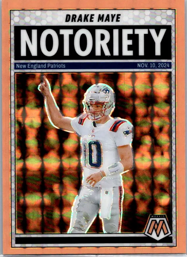 2025 Panini Mosaic Drake Maye #3 Notoriety Mosaic Orange Fluorescent Patriots