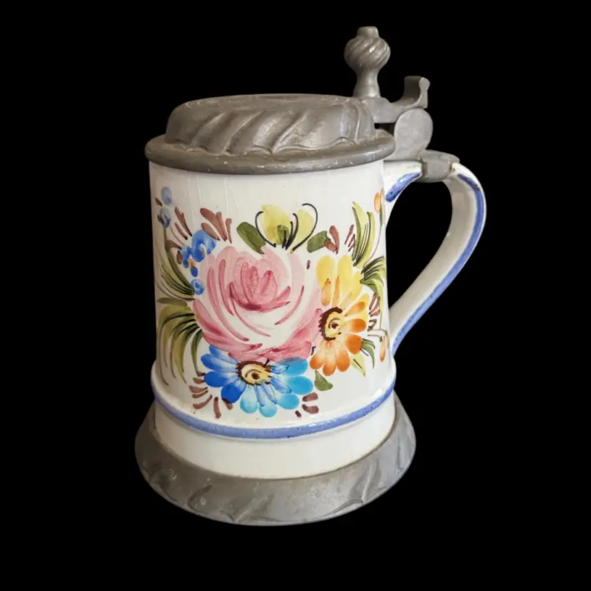 6.5” Handgemalt Floral German Beer Stein, Pewter Lid And Base , Crazing