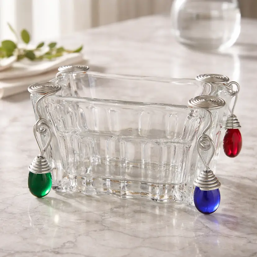 Vintage Dary Rees Original Metal Wire & Colored Glass Stone Serving Dish/Holder,3.5" x 2.5"