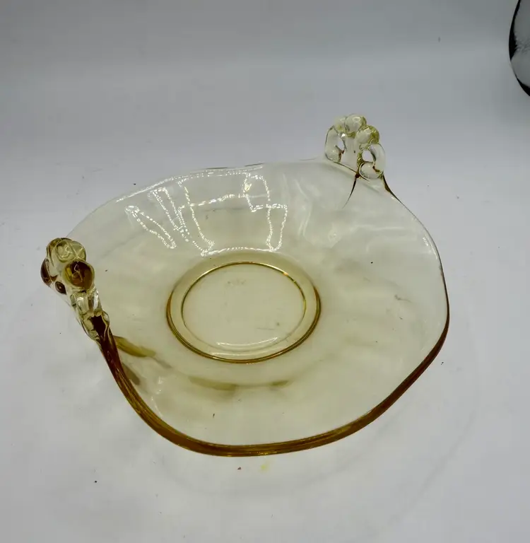 Vintage Yellow Depression Glass - Double Handle Shallow Nappy Dish 5”