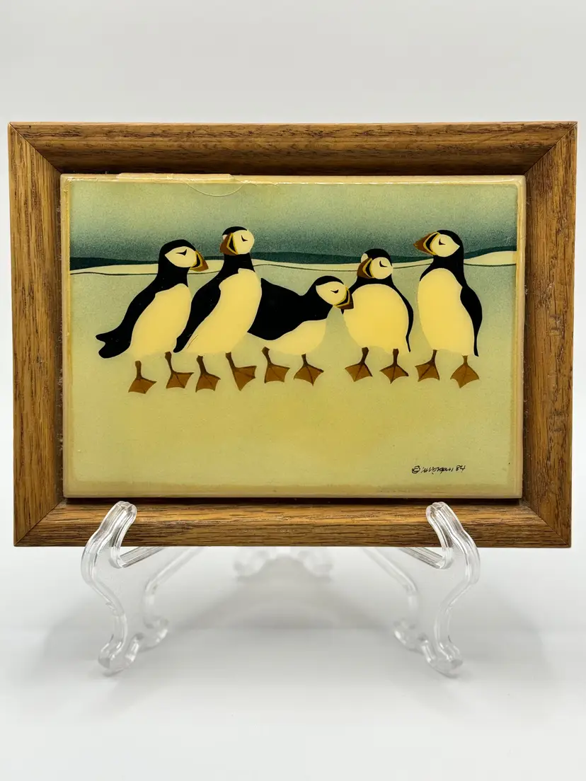 Vintage 1984 Puffins Hand-Painted Ceramic Tile, Real Wood Frame, Signed By W. Morgan, Made In Gardena, CA