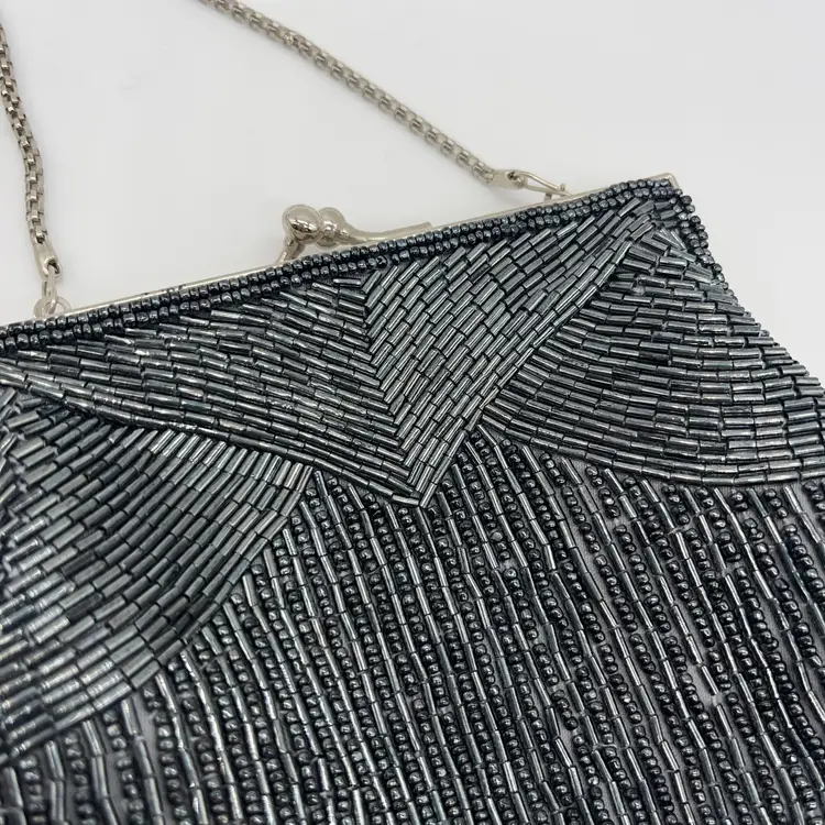 Magid Evening Bag Clutch Purse Black Beaded Metal Shoulder Strap Kiss Lock Snap Closure | 6” *read