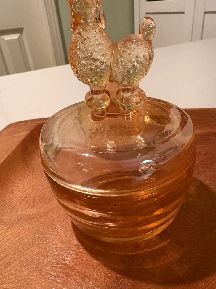 Jeanette Marigold Iridescent Powder Puff Trinket Jar with Poodle Lid