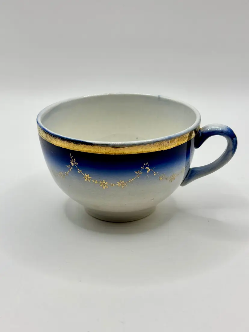 Vintage 1910’s Starry Night Tea Cup, Blue Gold Trim, Ceramic, By La Francaise, Made In Sebring, OH S P Co