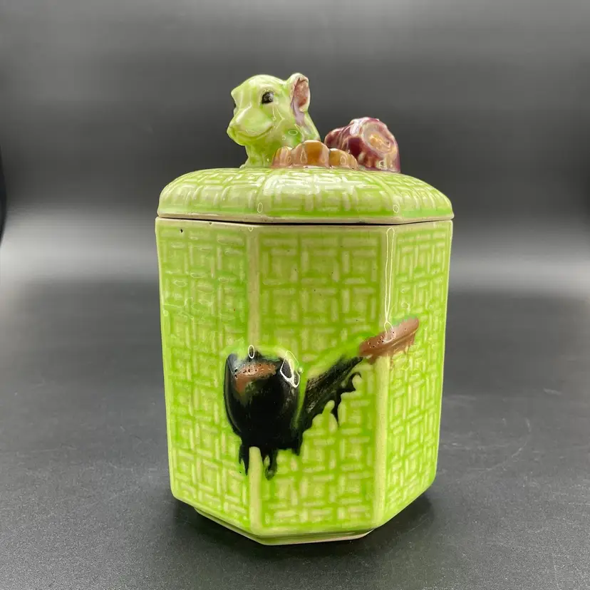 Humidor Dog Head Lid Green Ceramic Vintage Tobacciana Cigar Pipes Japan