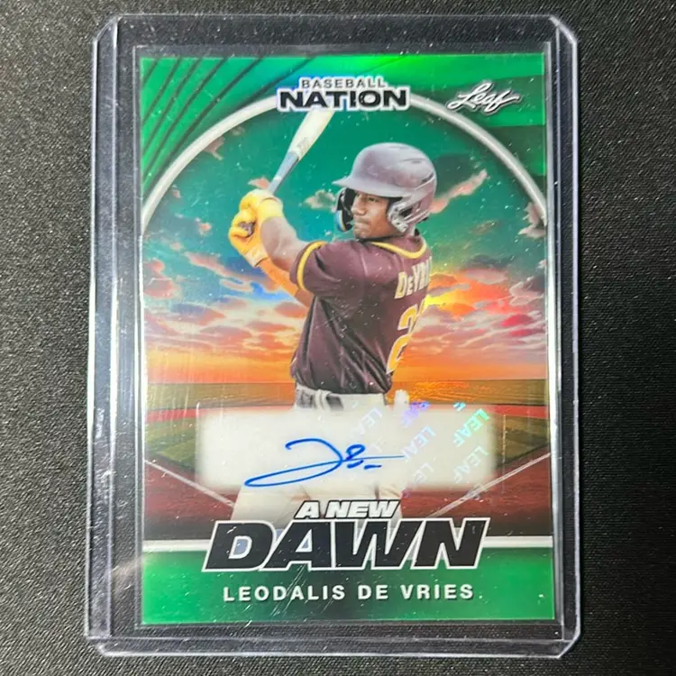 Leo De Vries 2025 Leaf Baseball Nation A New Dawn Auto Green 1/5 Athletics
