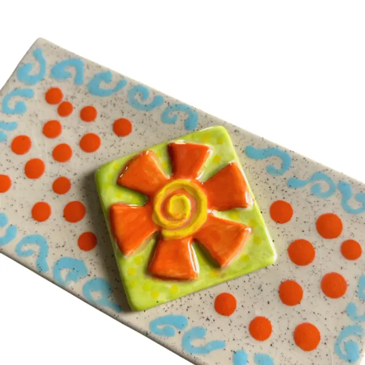Whimsical Hand Crafted Ceramic Crackle Glaze Orange Accent Flower Tile