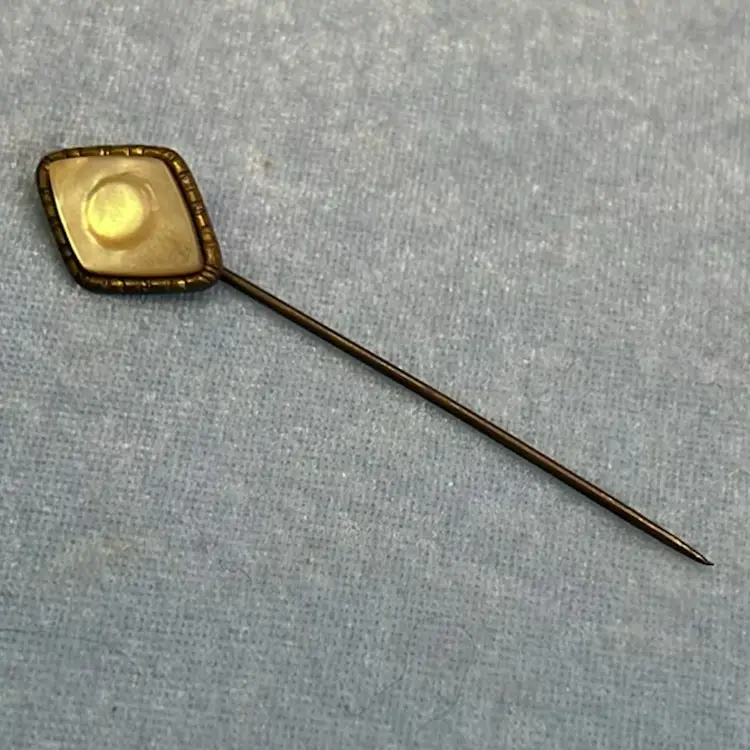 Vintage Gold Tone Mother Of Pearl Rhinestone Stick Pin Unmarked 2.75” Long