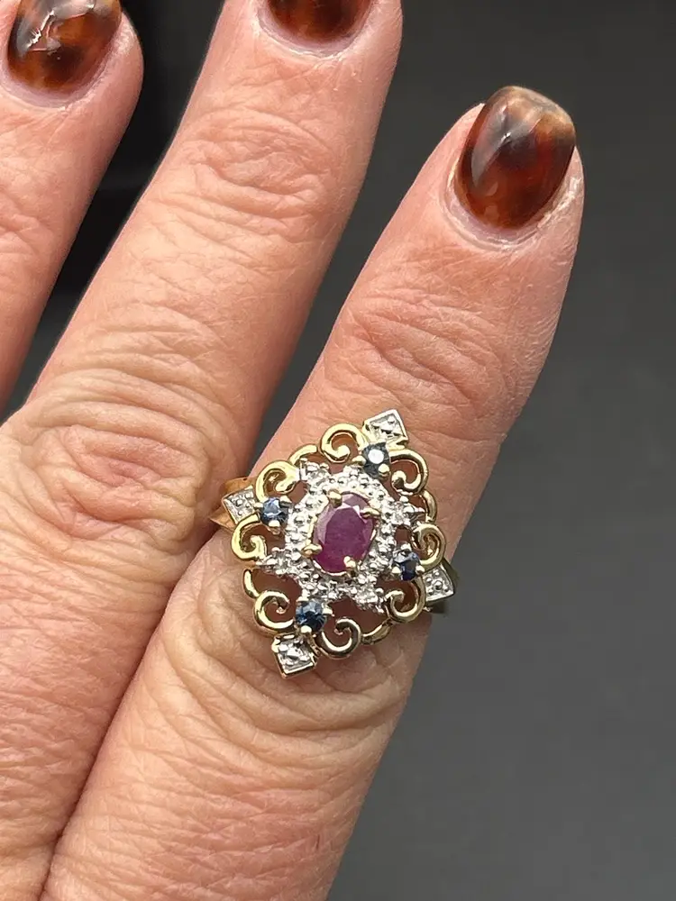 10K Gold Ruby, Sapphire & Diamond Art Deco-Style Ring – Size 7