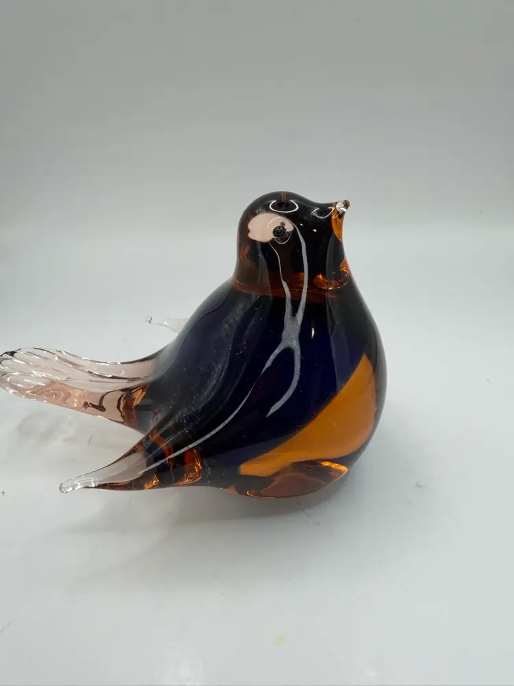Chubby Peach Orange Blue Glass Bird Handmade Blown Glass Figurine
