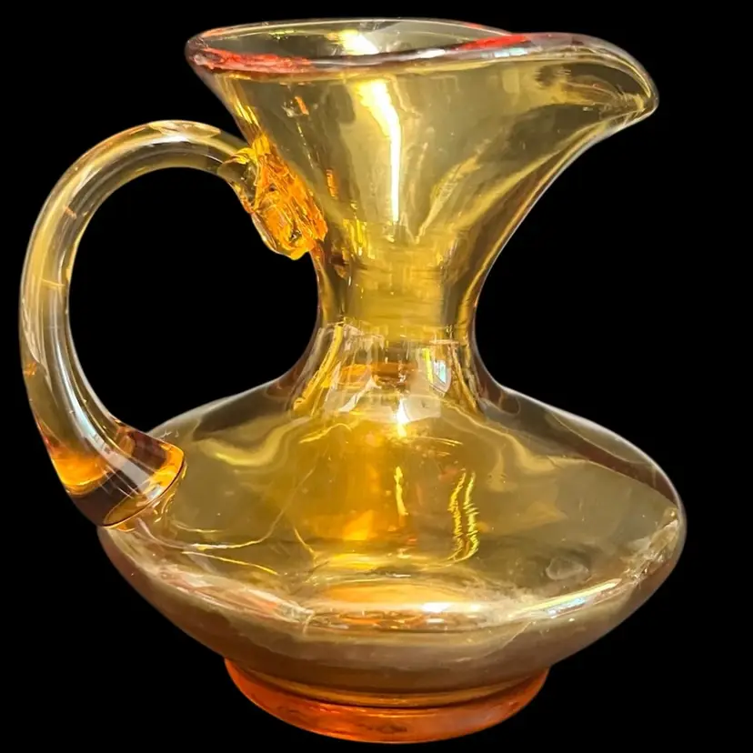 Hand-Blown Amber Glass Pitcher – 4.25” Applied Handle- Flared Base & Spout