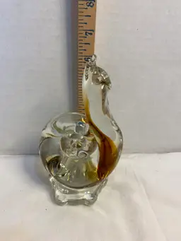 Hand Blown Studio Art Glass Snail Paperweight Crystal Clear With Amber Ribbon