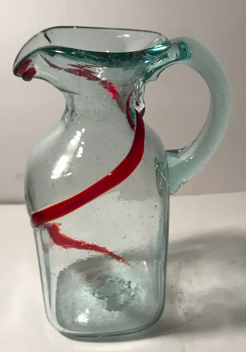 Mexican Hand Blown Glass Pitcher Clear with Red swirl And Handle Applied
