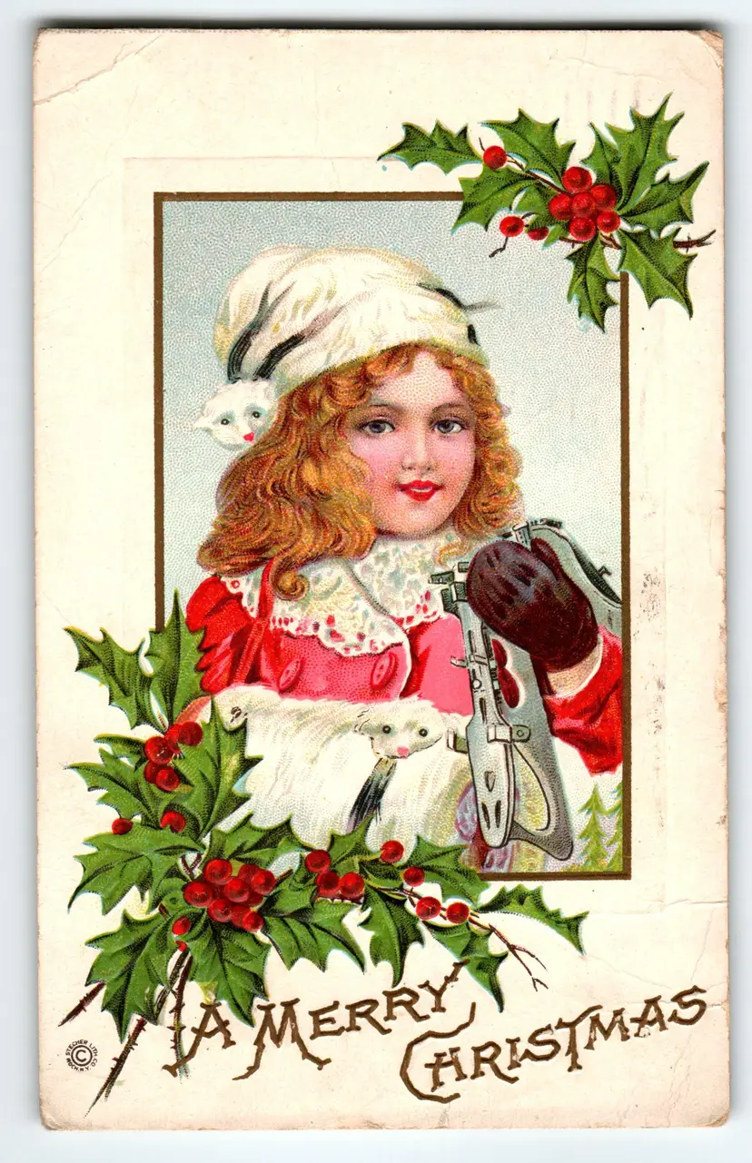 Christmas Postcard Sweet Girl Wears Fox Hat & Muff Holds Ice Skates Stecher 1916