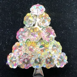 Vintage AB crystal Christmas Tree Brooch. Margarita Glass likely Austrian 2”