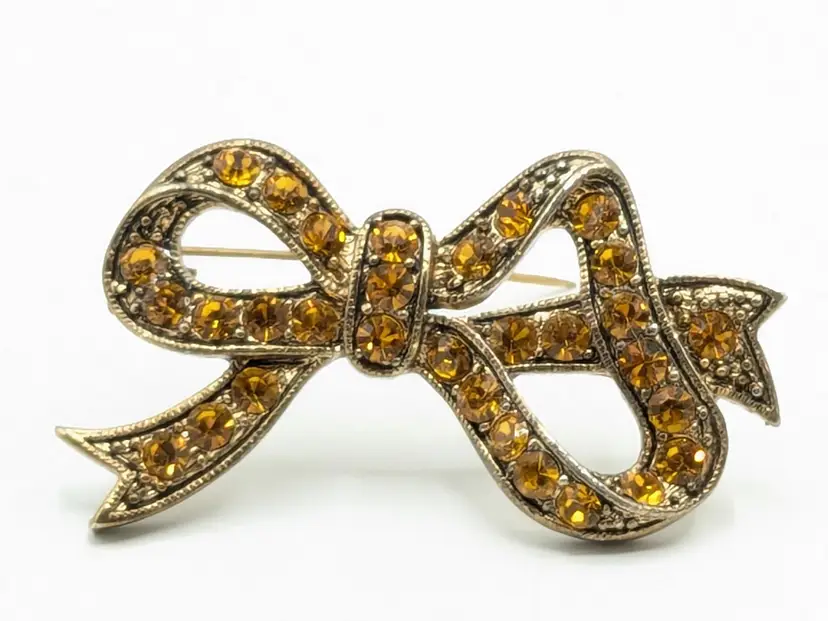 Amber Color Rhinestone Bow Brooch Pin Gold Tone