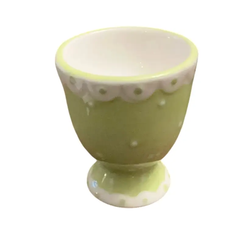 Vintage Pedestal Ceramic Egg Cup Green And White Polka Dots 2 3/4β X 2 1/4β