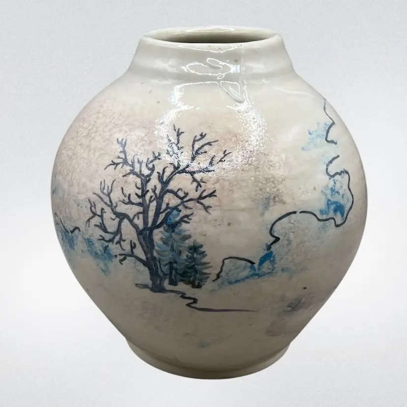 Large Vintage Pottery Vase Hand Painted Trees 7” 1992