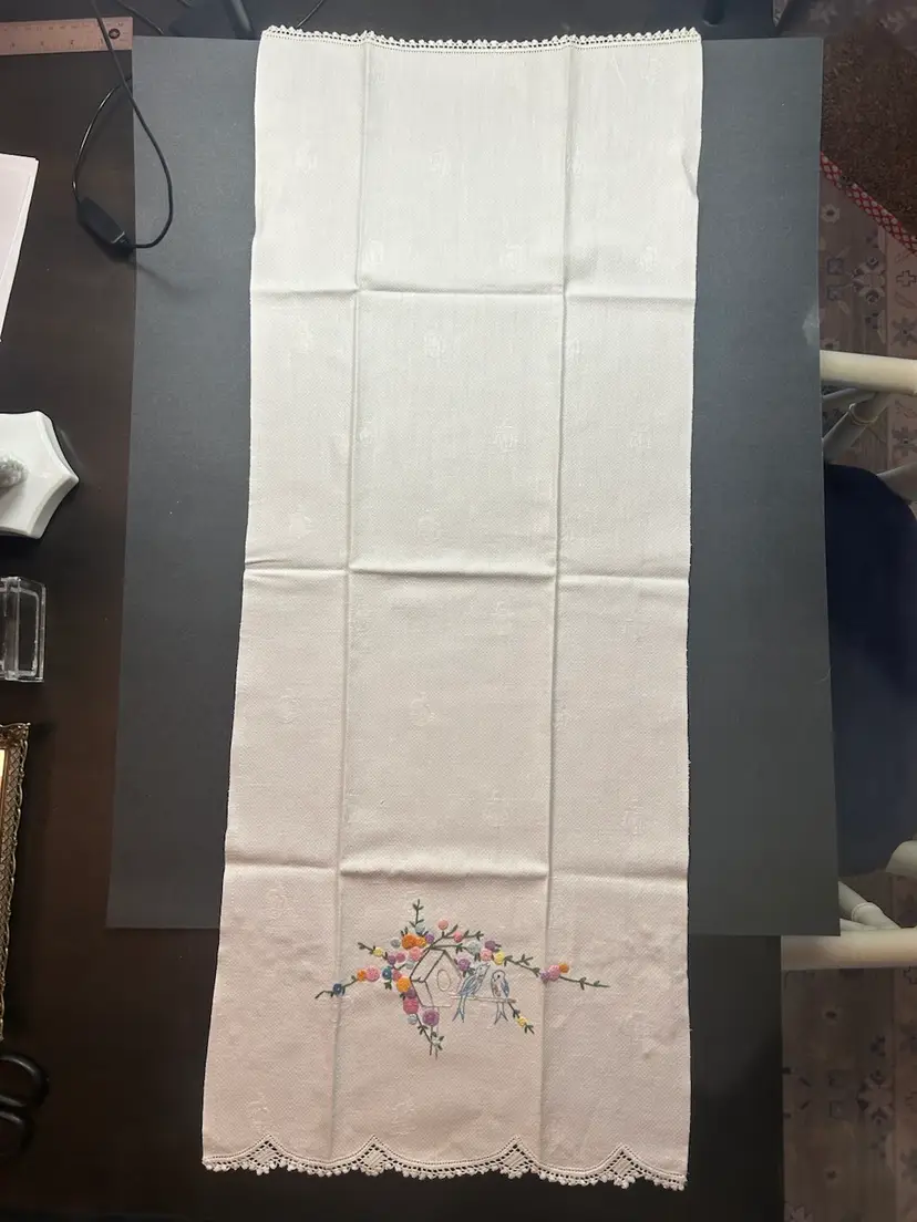 Vintage Hand, Embroidered Crocheted, Lace Edge, Table Runner Birdhouse With Bird And Floral Design