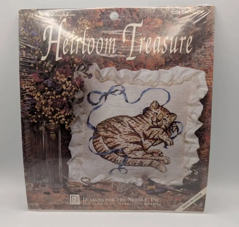Heirloom Treasure Designs For The Needle- Cat Pillow 12 x 12 Cross stitch kit