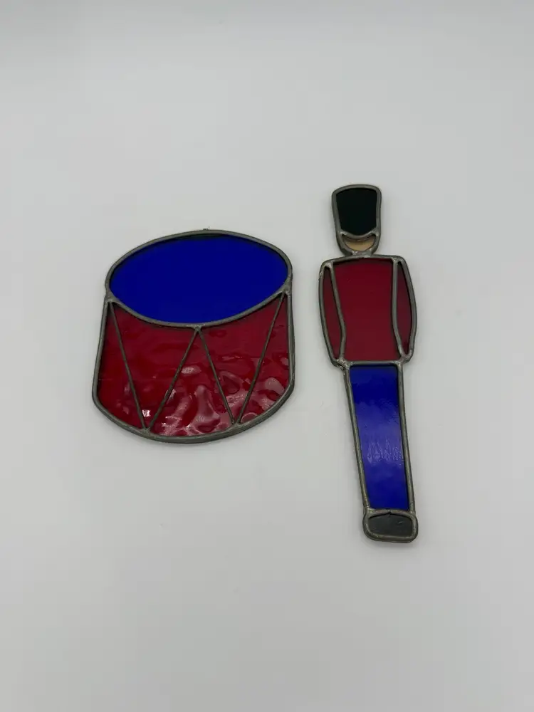 Lot Of 2 Christmas Toy Soldier & Drum Hanging Stained Glass Ornament Suncatchers