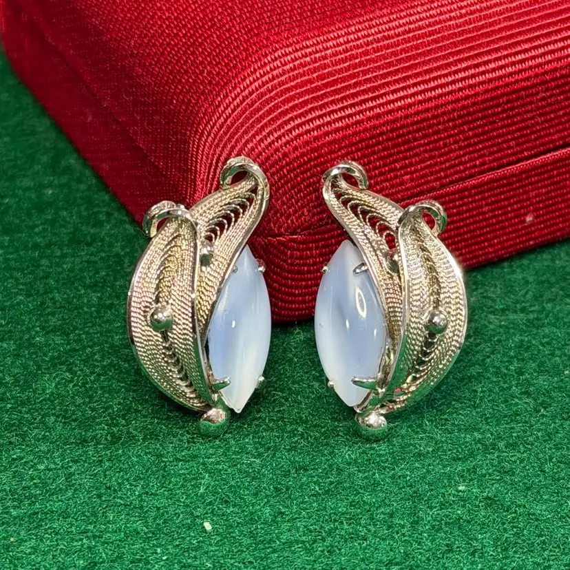 Sterling 925 Silver Filigree Earrings w/ Blue Cats Eye Rhinestones Screw Back Marked AC