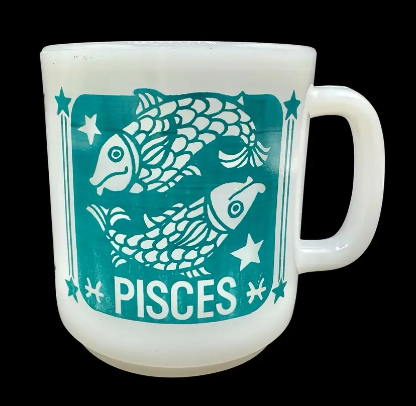 Vintage Milk Glass Pisces Zodiac Mug Teal Blue White Mid Century 1970s Astrology