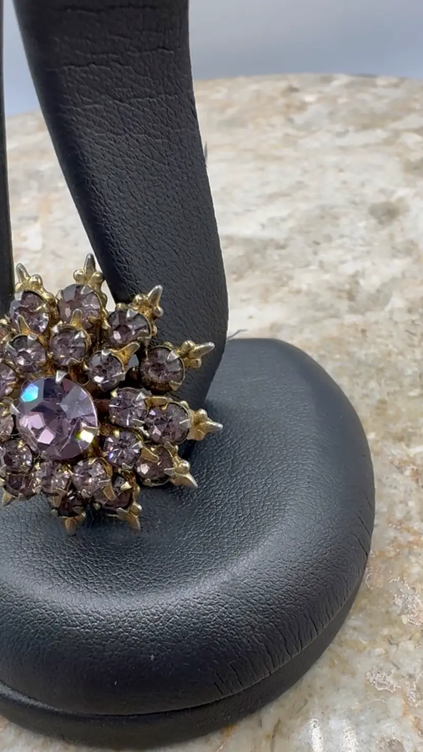 Vintage Mid-Century Multi-Tiered Uranium Glass Brooch – Purple Rhinestone Starburst Cluster Pin, UV Reactive Neon Green Glow