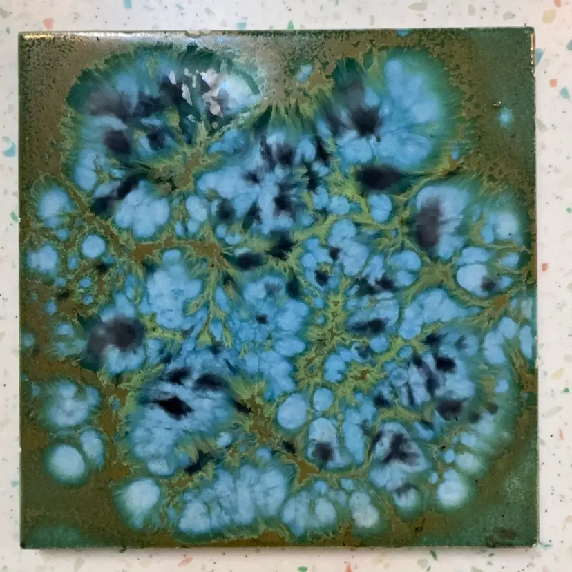 Vintage Mid-Century Tile Trivet Hot Plate Monterey Jade Glaze Blue Green RARE. 6 X 6”. Note: Flea Bite Chip On Edge.