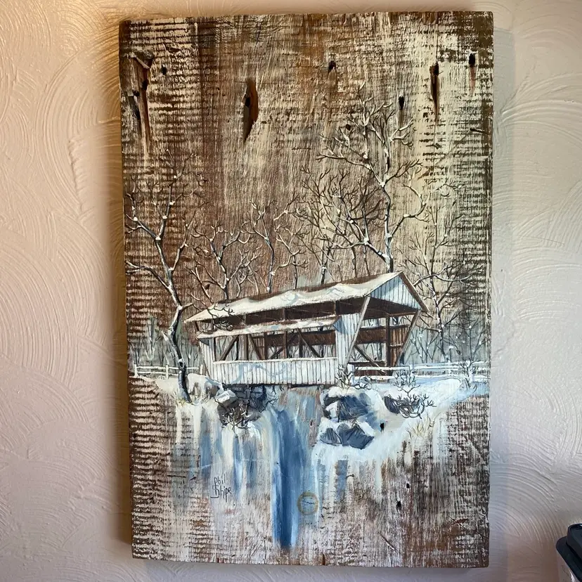 Phil Shipe Original Painting Rockmill Bridge Fairfield OH Aged Pine Barn Siding