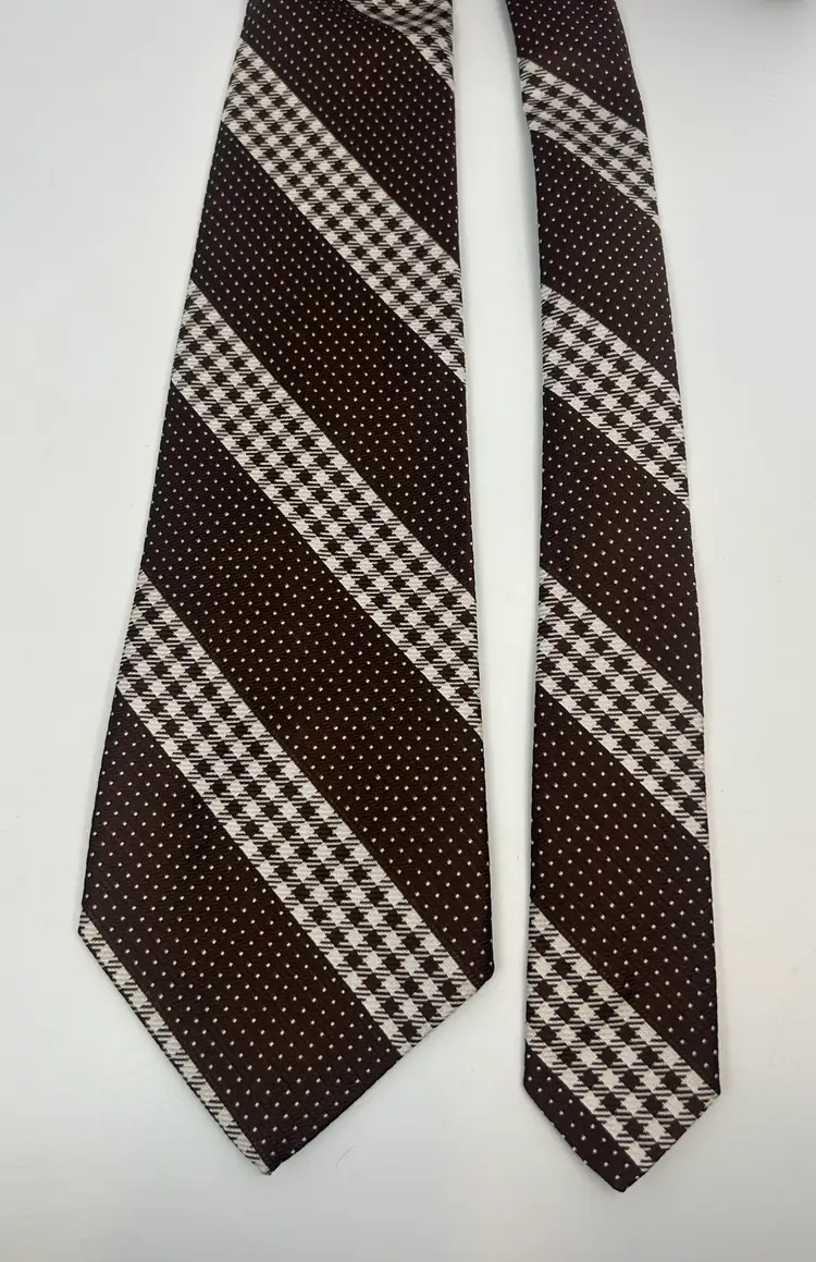 Vintage Ties+ Brown and White Check Dot Design Wide Dacron Polyester 58" x 4.75"
