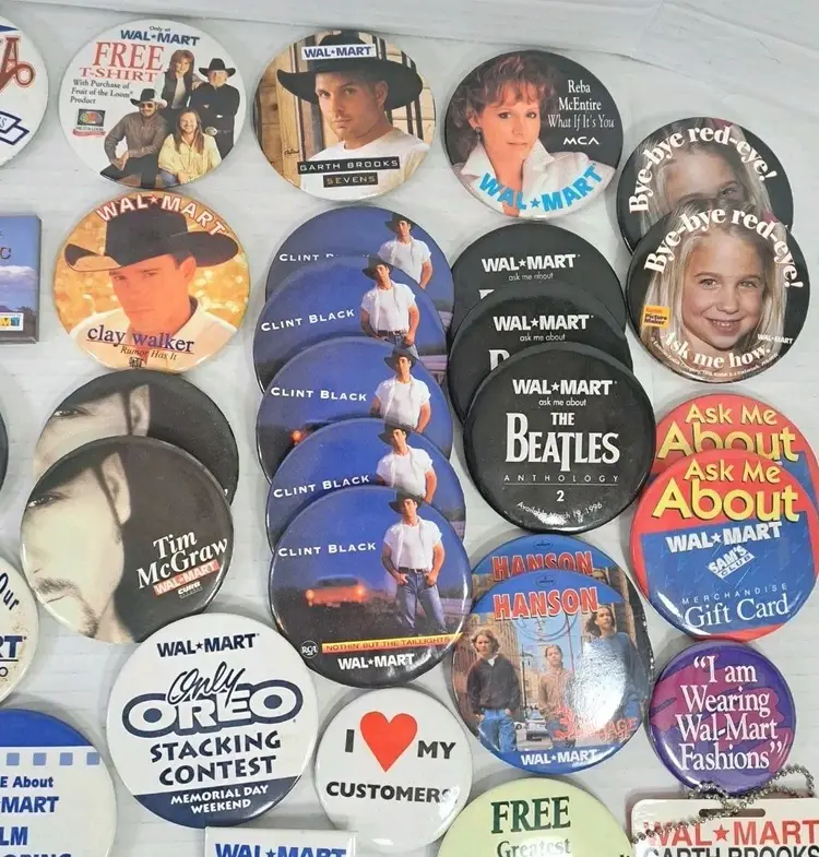 80s 90s Walmart Promo Pin Lot 50+ Music Country Rock Garth Brooks Beatles Hanson