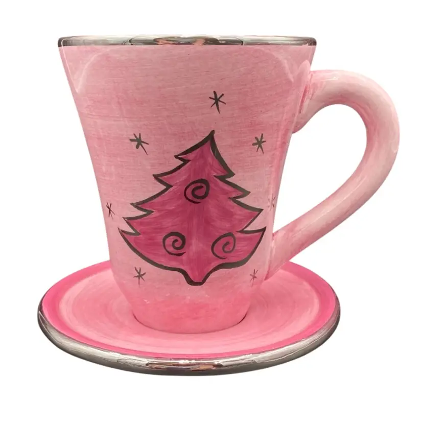 Tall Ceramic Coffee/Tea Mug with Saucer, Pink & Silver Christmas Trees, MINT
