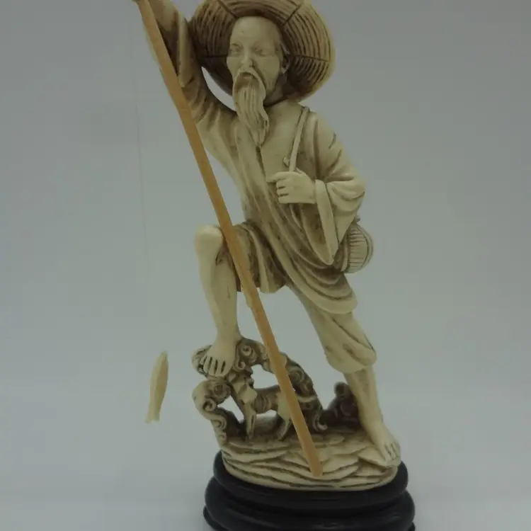 Oriental Asian Carving Style Decorative Fisherman And Dog Statue