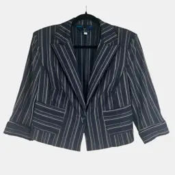 Vintage Striped Cropped Blazer Womens M Navy Brown Tailored 3/4 Sleeve 90s