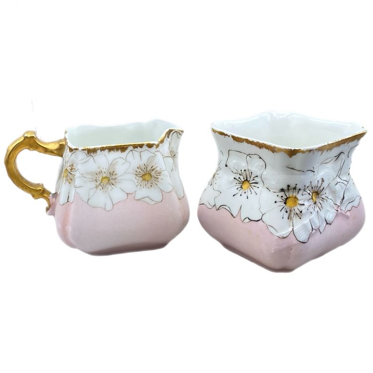 Antique Pink Porcelain Havilland Co Limoges Open Sugar Creamer Daisy Floral Cottage Springtime
