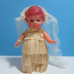vintage celluloid bride doll with crepe paper dress and veil wedding figure 6 1/2" Japan