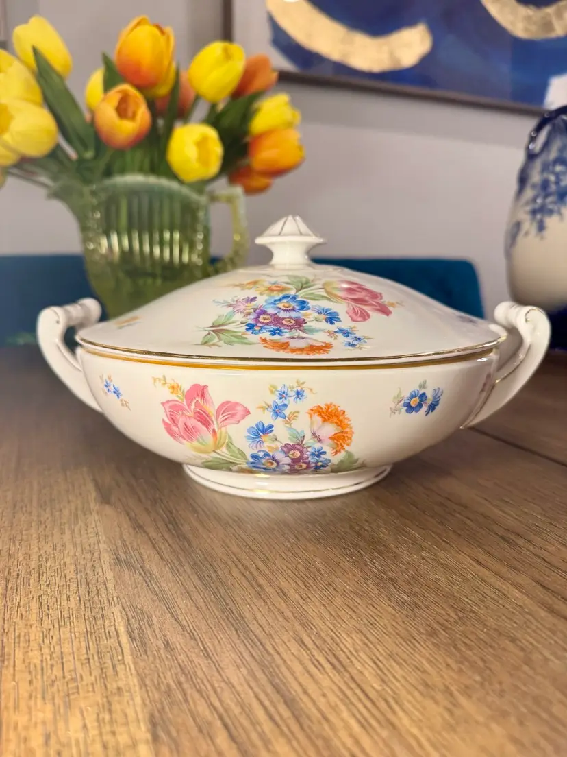 Vintage serving bowl or small tureen, featuring a floral pattern with gold trim. Florella china pattern by Lexington. Pattern is off-white & multi-floral design