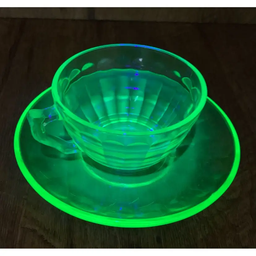 VTG Uranium Federal Glass Optic Green Depression Tea Cup And Saucer
